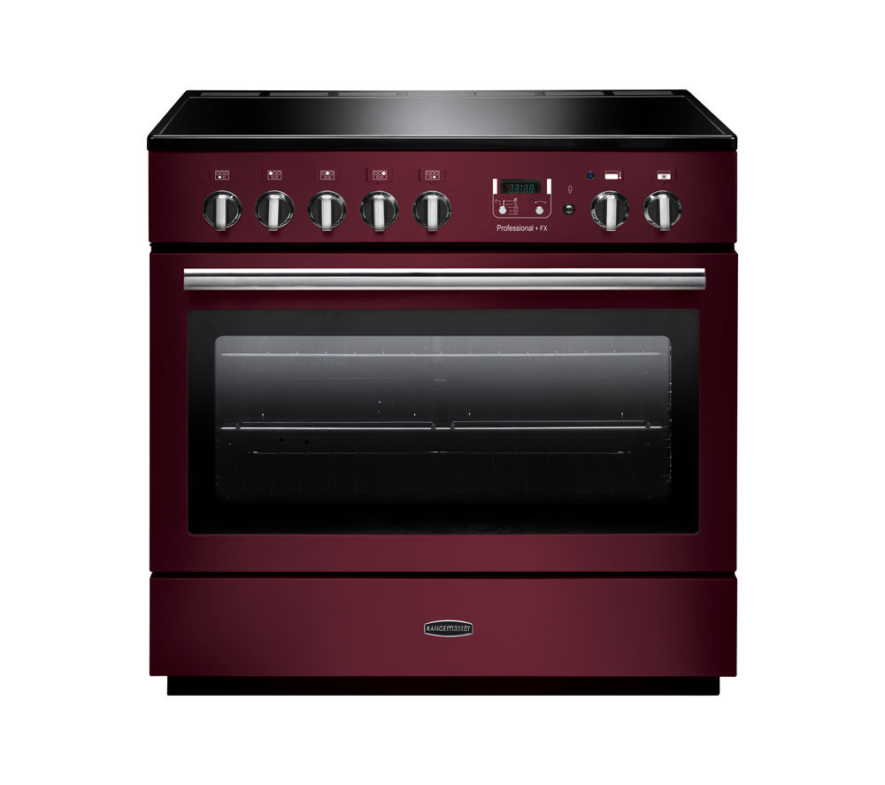 Professional Plus FX 90cm induction range cooker in cranberry with chrome trim, featuring a sleek glass oven door and multiple control knobs on the front panel.