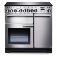 Stainless steel 90cm electric induction range cooker featuring a sleek design, multiple control knobs, a digital display, and a large oven with a glass door.