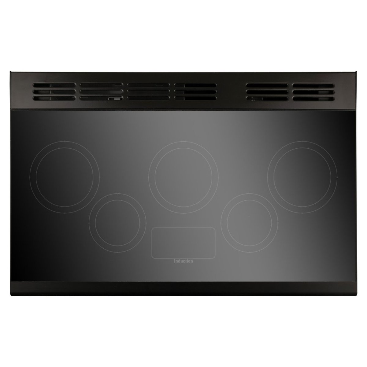 Deluxe 90cm induction range cooker in white with chrome trim, featuring a sleek black glass cooktop with five induction zones and a modern design.