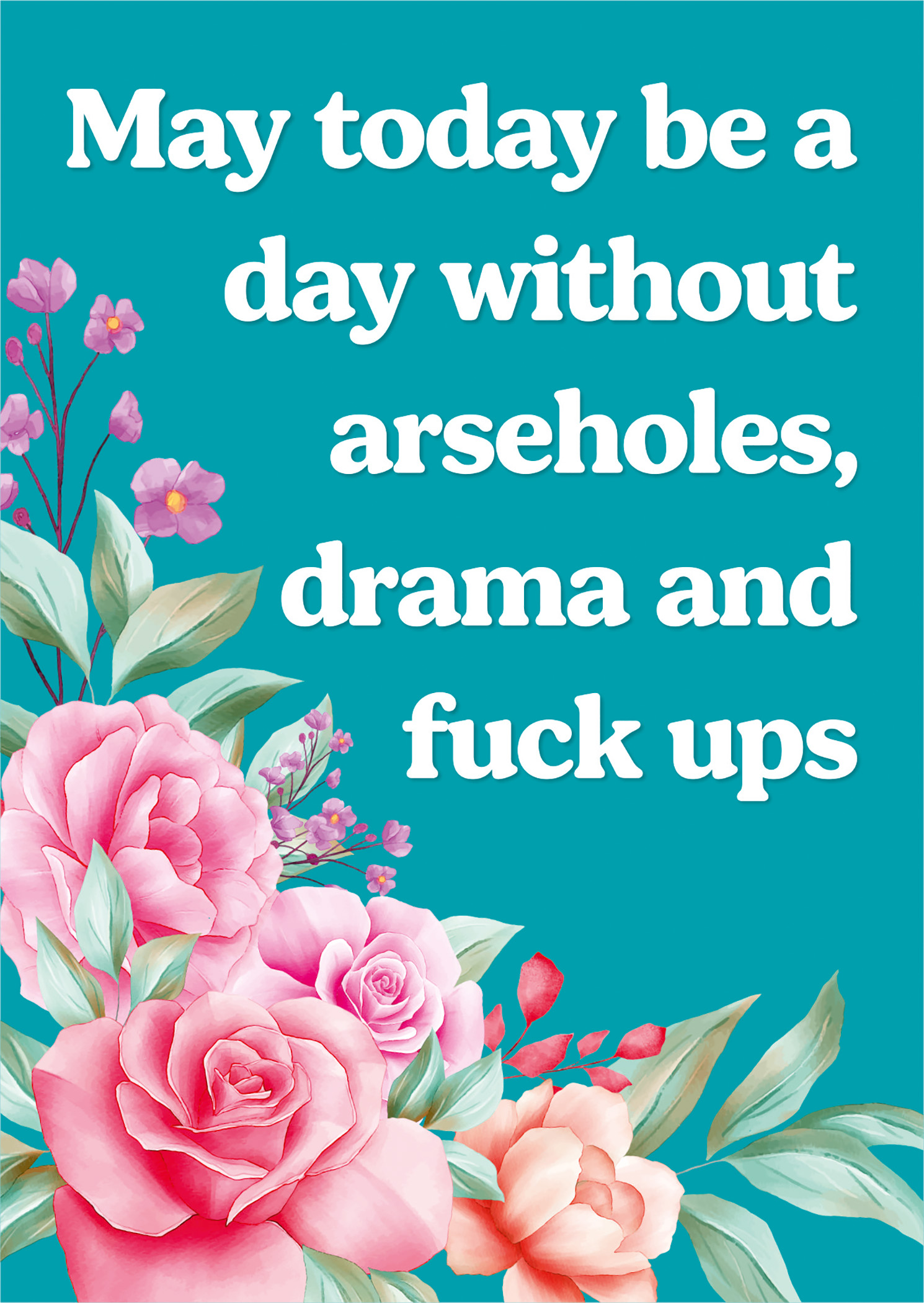 Bright turquoise postcard featuring vibrant pink and white roses, with the text "May today be a day without arseholes, drama and fuck ups" in bold white font.