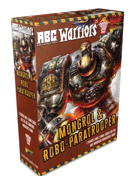 Box set featuring two detailed miniatures, Mongrol and Robo-Paratrooper, with vibrant colors and metallic finishes, designed for the ABC Warriors game by Warlord Games Ltd.