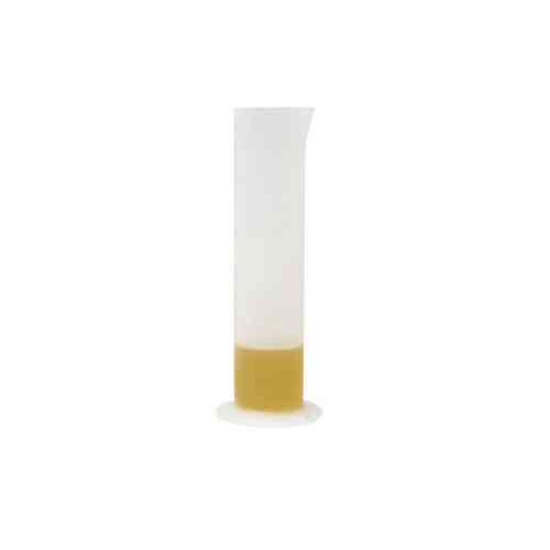Transparent white liquid breaker with a tapered top and a flat base, featuring a yellow liquid at the bottom, designed for men and holds 250ml.