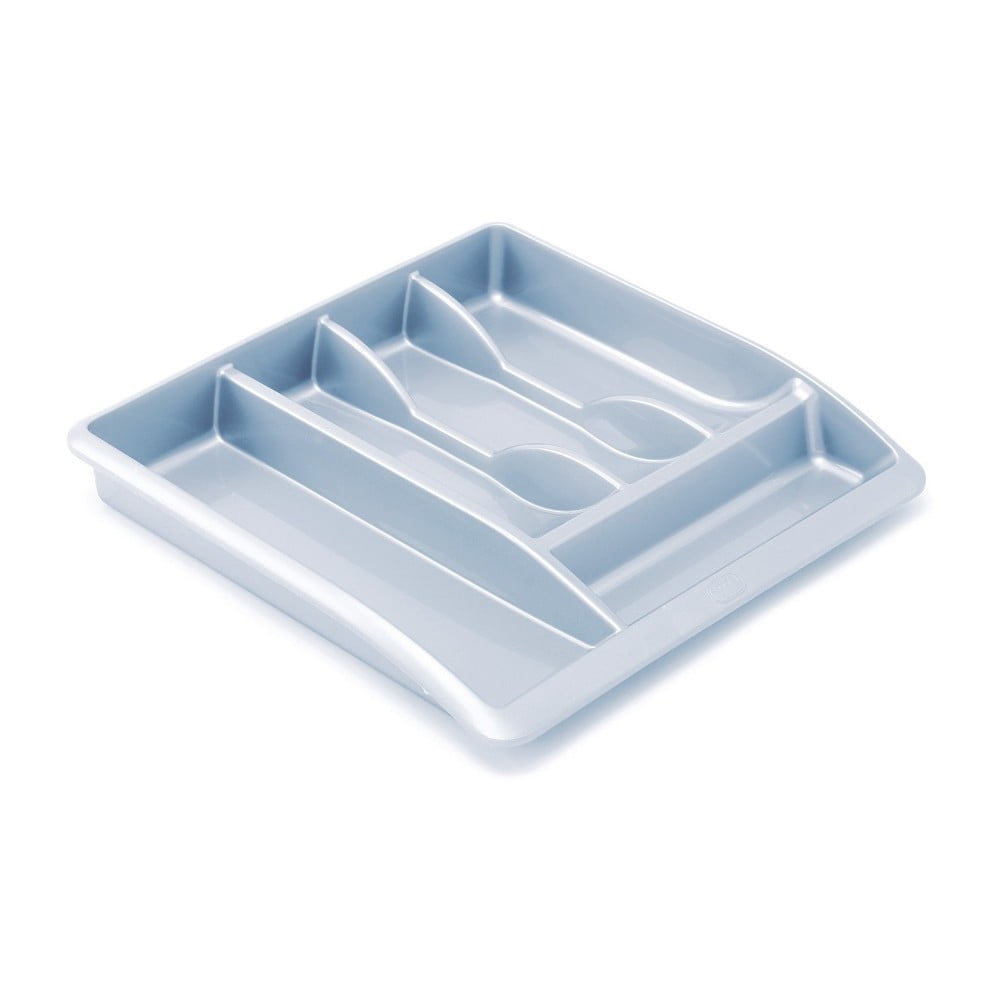 Light blue plastic drawer organizer featuring multiple compartments, including two elongated sections and several smaller dividers for efficient storage.