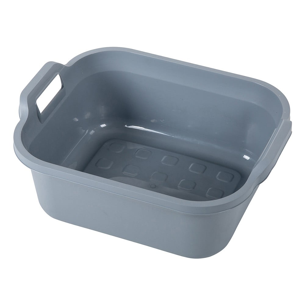 Grey plastic washing up bowl with a rectangular shape, featuring two handles and a textured base for stability, designed for versatile cleaning tasks.