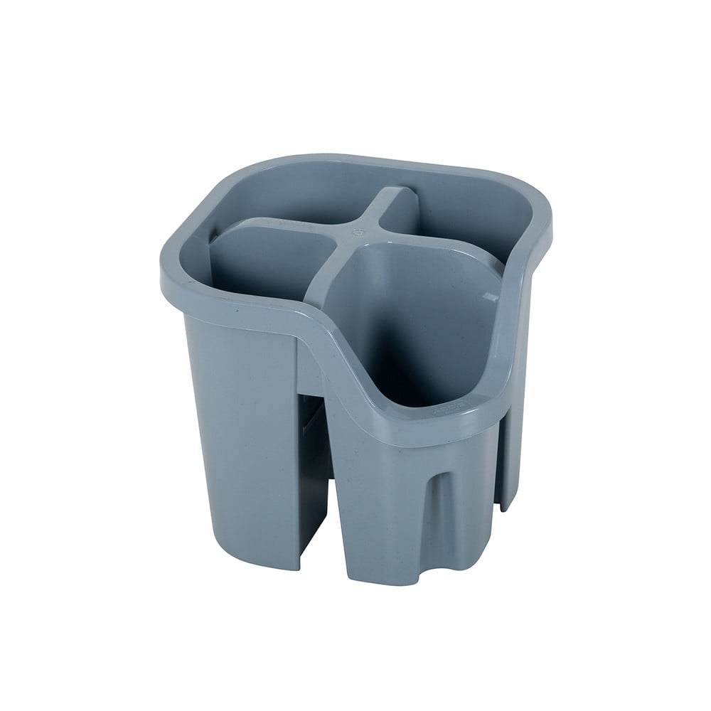 Grey plastic cutlery holder drainer with a square shape and four compartments, designed for organizing utensils in a kitchen.