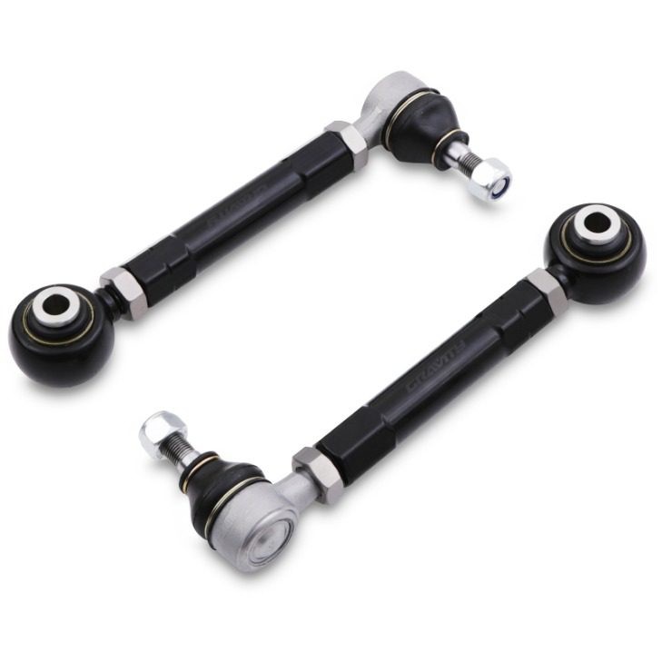 Adjustable rear toe arms for Lexus IS200 and GS300, featuring black metal construction with silver accents, spherical bearings, and hexagonal nuts for enhanced performance.