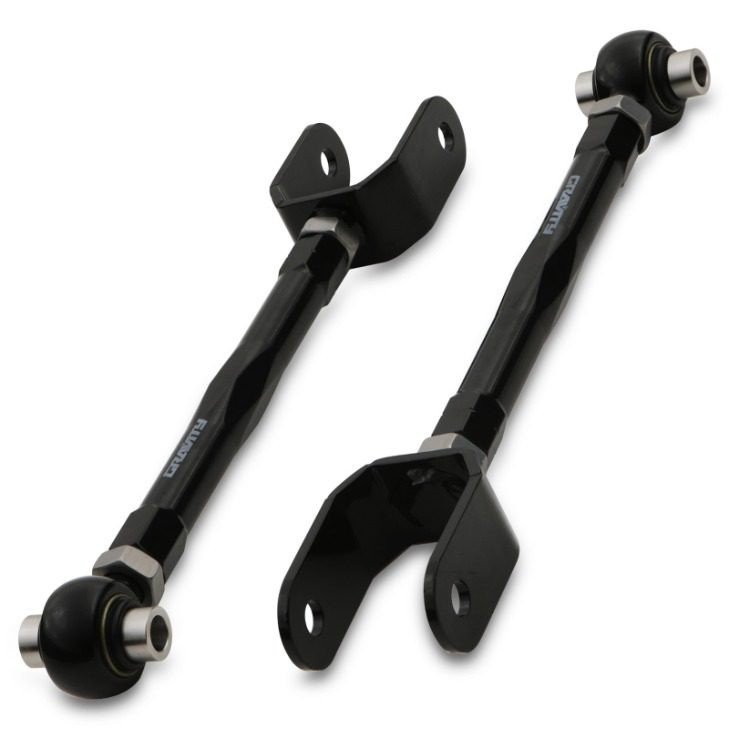 Adjustable tension rods for Porsche Cayman 987 (2004-2012) in black metal, featuring spherical bearings and mounting brackets for enhanced performance.