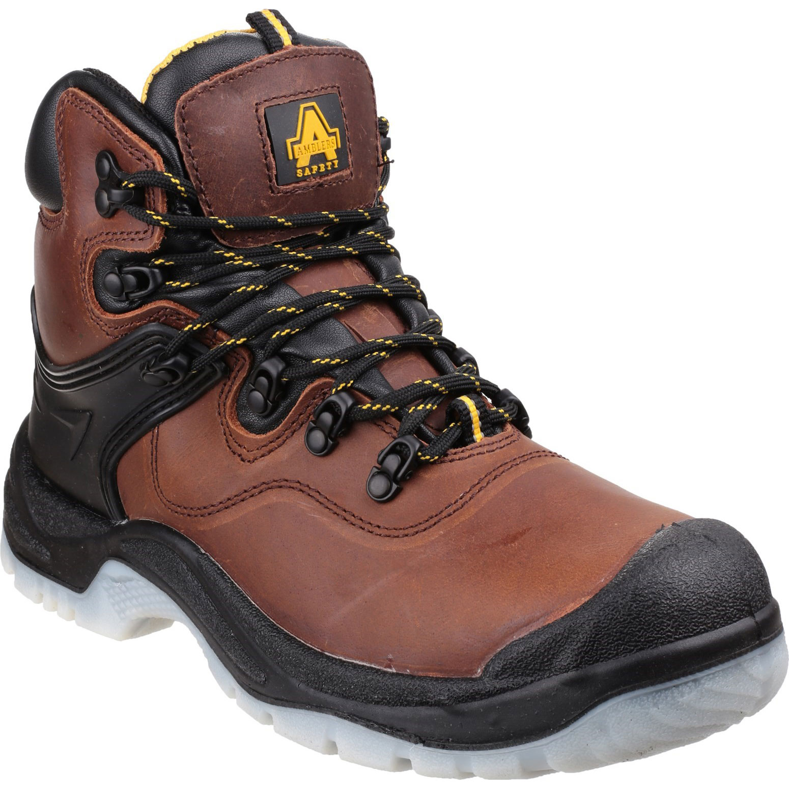 Brown waterproof safety boots with shock-absorbing sole, featuring black accents, yellow laces, and a sturdy design, size 6 by Amblers.