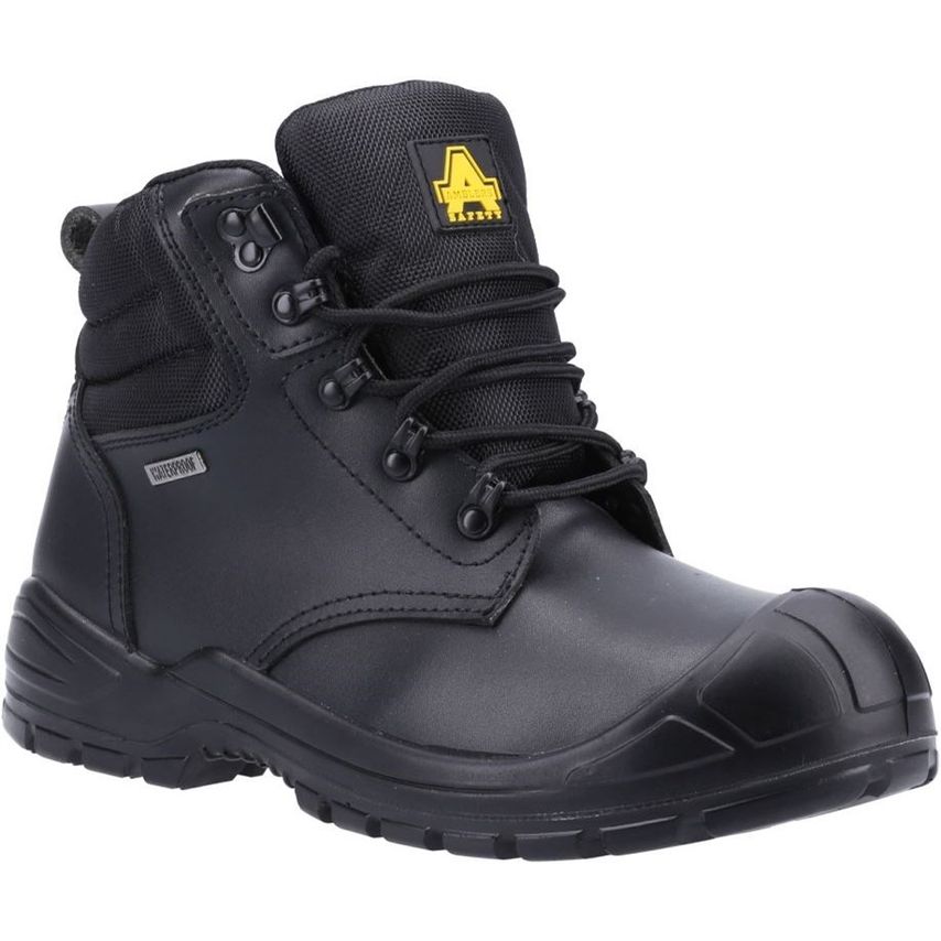 Black unisex safety boot featuring a durable leather upper, padded collar, metal eyelets, and reinforced toe cap for added protection.
