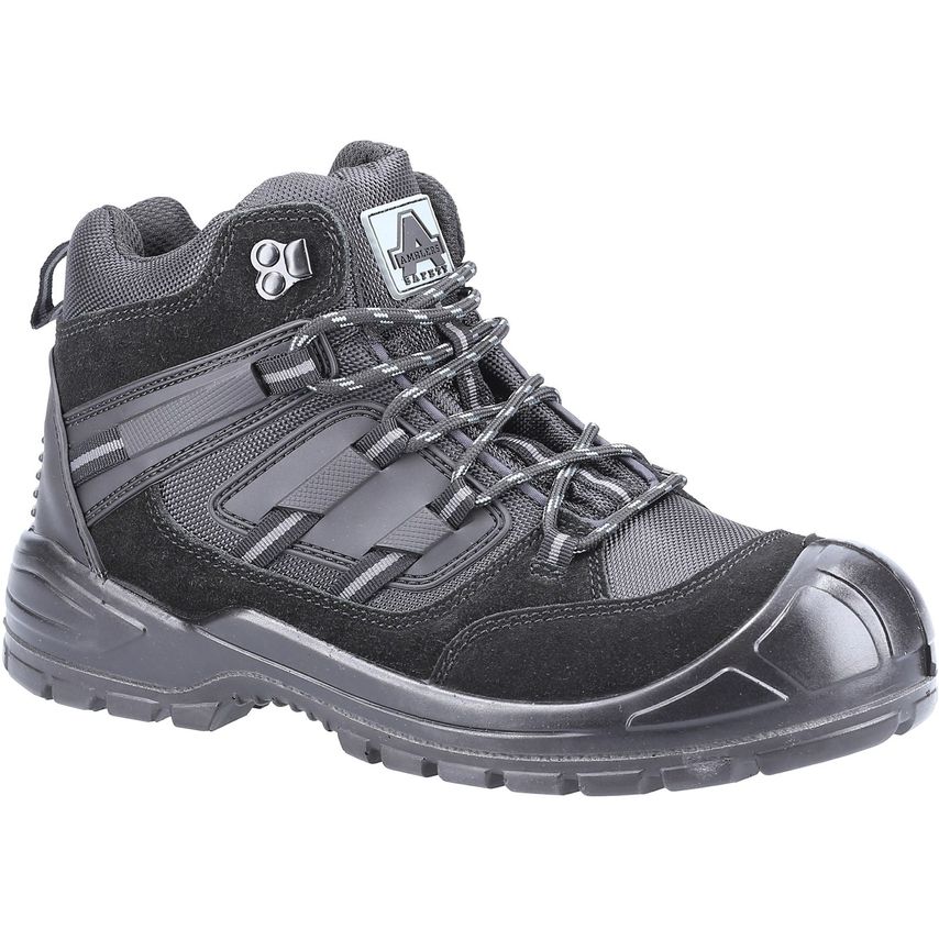 Black unisex safety boot featuring a sturdy design, lace-up front, padded collar, and reinforced toe cap, made from durable materials for added protection and comfort.