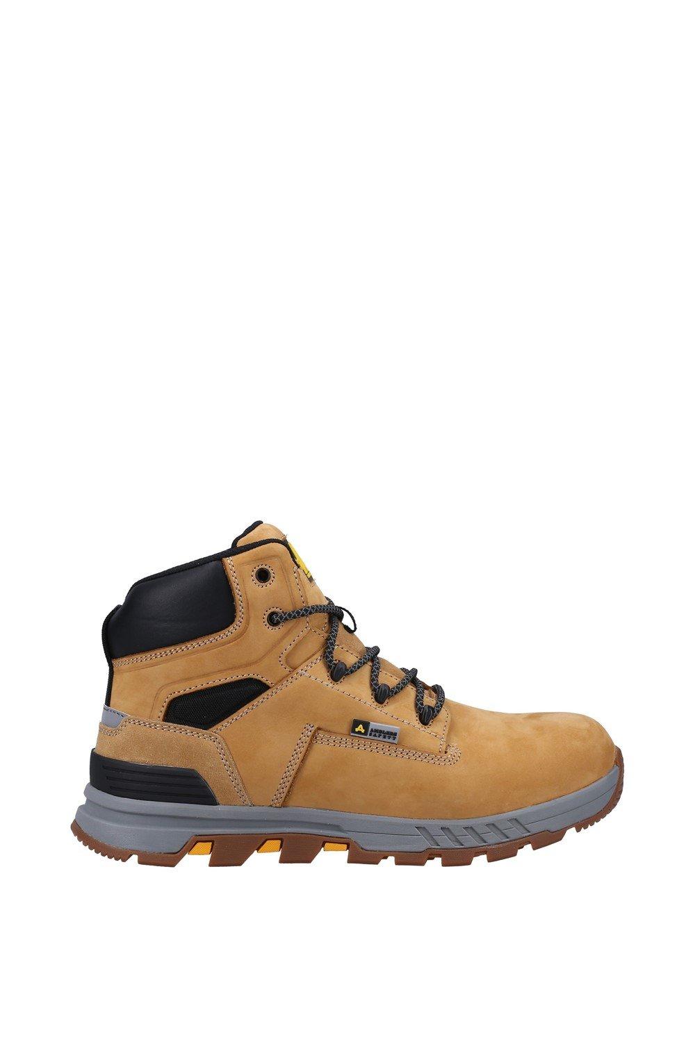 Tan leather crane boots with black accents, featuring a padded collar, sturdy laces, and a rugged grey sole, designed for safety and comfort, size UK 10.