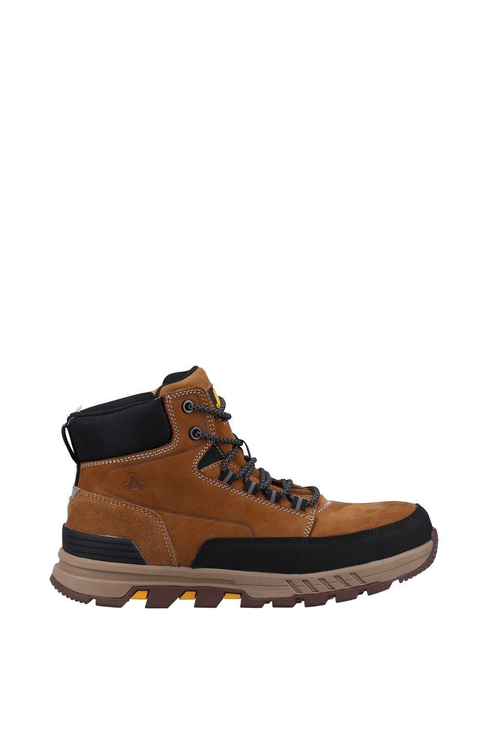 Brown Amblers Safety AS262 Corbel Boots for men, size UK 8, featuring a sturdy design, padded collar, and contrasting black and yellow accents on the sole.