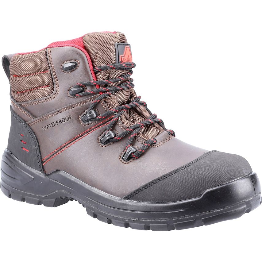 Brown metal-free safety boot featuring a waterproof design, padded collar, red accents, and a durable rubber sole, ideal for work environments.