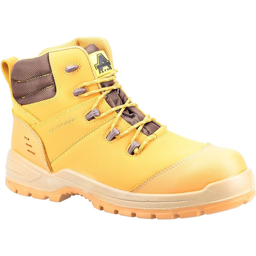 Honey-colored metal-free safety boot with a waterproof upper, padded collar, and durable rubber sole, featuring brown laces and a reinforced toe for added protection.