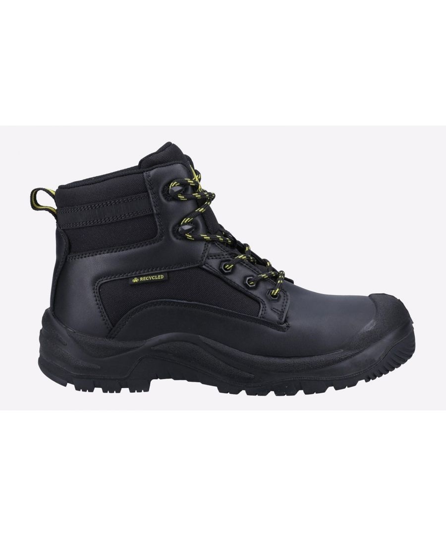 Black Amblers Safety 501R S1P boots for men, size UK 12, featuring a sturdy design, padded collar, and green laces, ideal for safety and comfort.