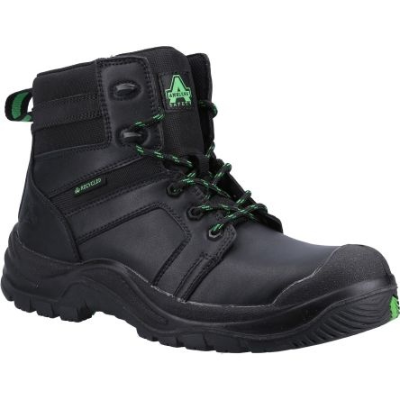 Black fibreglass toe-capped unisex safety boots with green accents, featuring a sturdy rubber sole, lace-up front, and padded ankle support for comfort and protection.