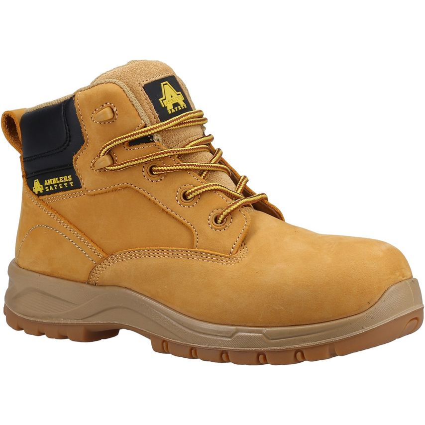 Honey-colored fibreglass toe-capped women's safety boots with a sturdy rubber sole, padded collar, and black detailing, designed for durability and comfort.