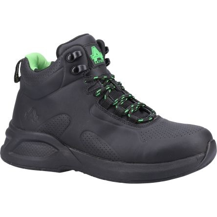 Black steel toe capped women's safety boots with a breathable upper, green laces, and padded collar, designed for durability and comfort, size 6.5, compliant with EN ISO 20345:2022.
