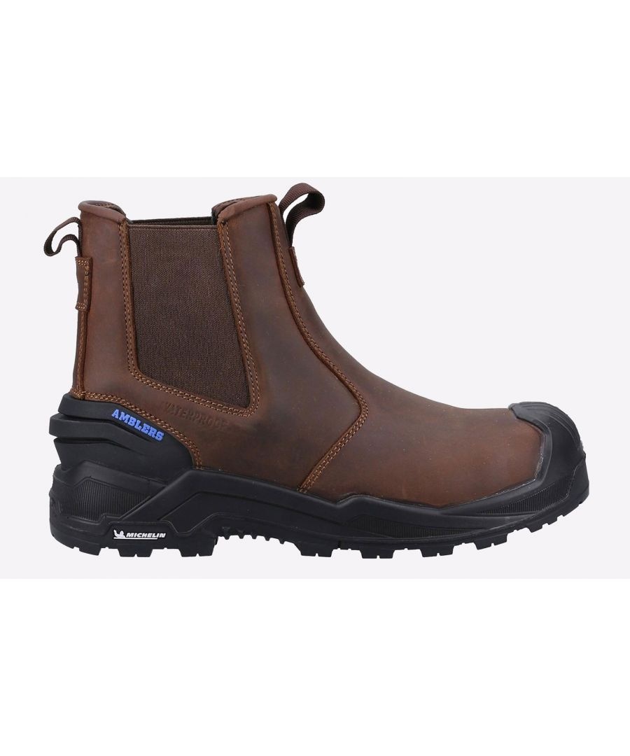 Brown leather dealer boot featuring elastic side panels, a reinforced toe cap, and a rugged rubber sole with traction, ideal for safety and comfort.