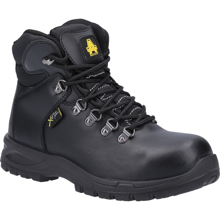 Black leather safety boots with steel toe cap, featuring a padded collar, lace-up front, and rugged sole, designed for women's safety footwear standards EN ISO20345:2011.