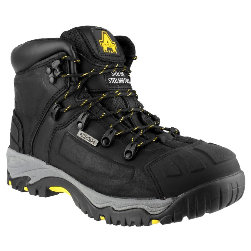 Black waterproof men's boots with a wide fit, featuring yellow laces and accents, padded collar, and rugged sole, designed for durability and comfort, size UK 13.