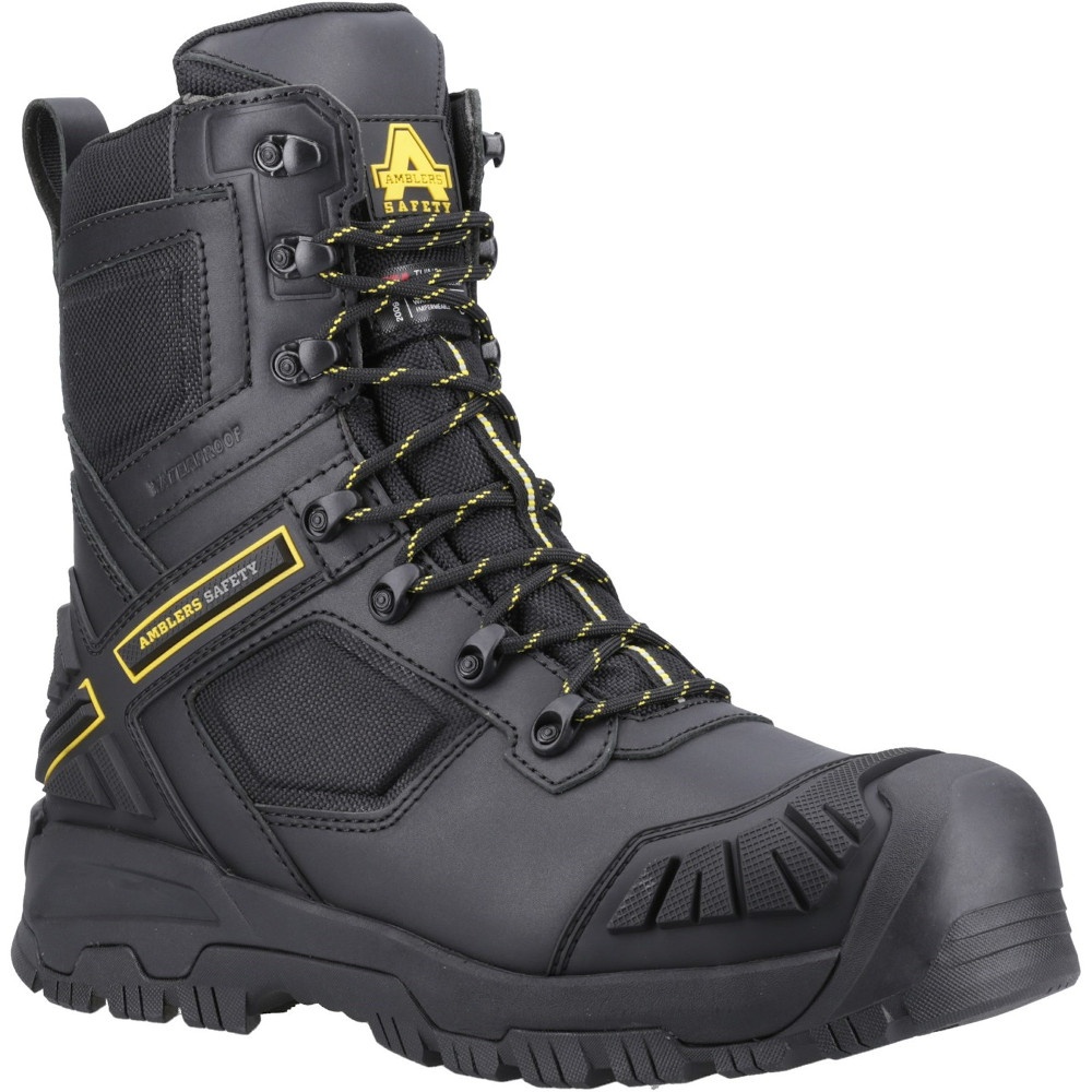 Black waterproof men's boot with yellow accents, featuring a high ankle design, reinforced toe cap, and sturdy laces, size UK 13 by Amblers Safety.