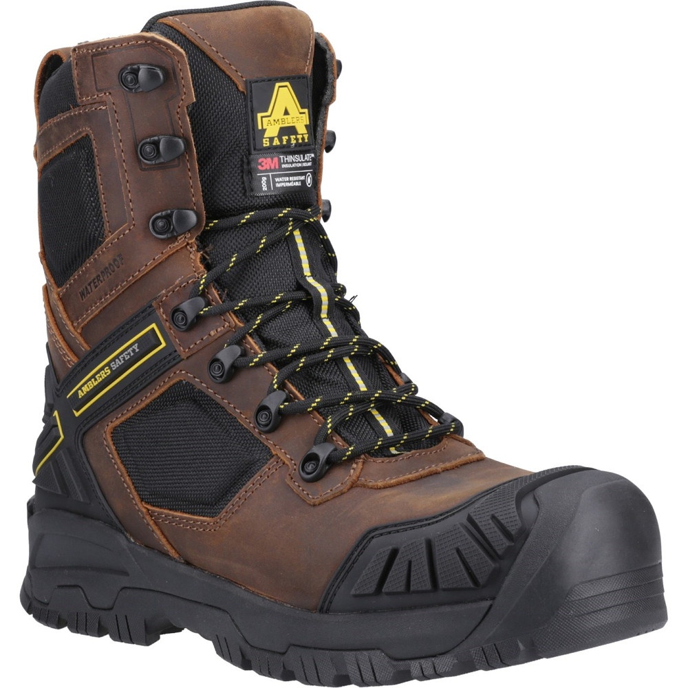 Brown leather waterproof boots featuring a high ankle design, black mesh panels, yellow laces, and a rugged sole, sized UK 10.5 by Amblers Safety.
