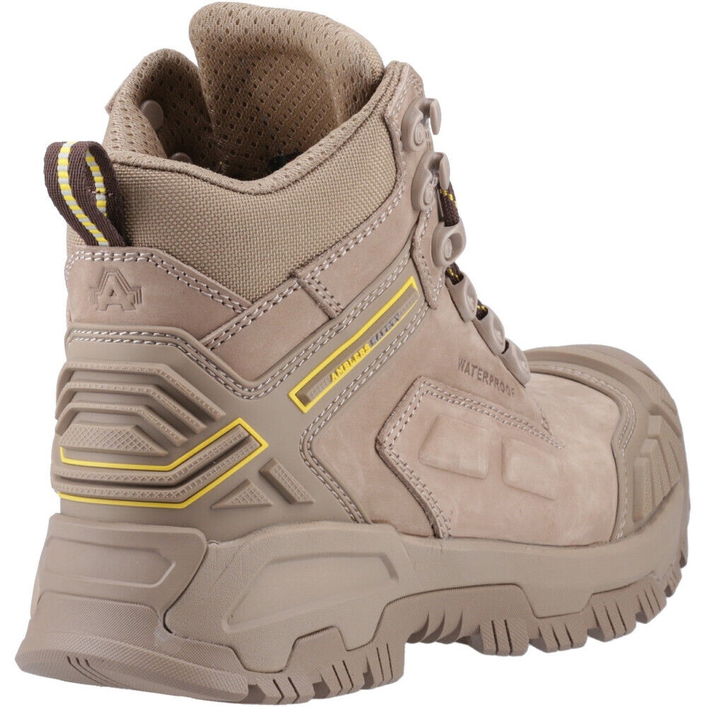 Stone-colored waterproof safety boot with a sturdy rubber sole, padded collar, and reinforced heel, featuring yellow accents and durable suede material.