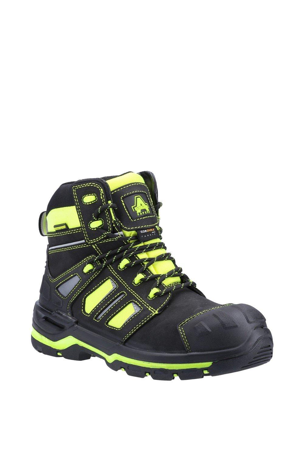 Black and yellow waterproof safety boots with reinforced toe, padded collar, and reflective detailing, featuring a sturdy sole and lace-up design, size UK 9.