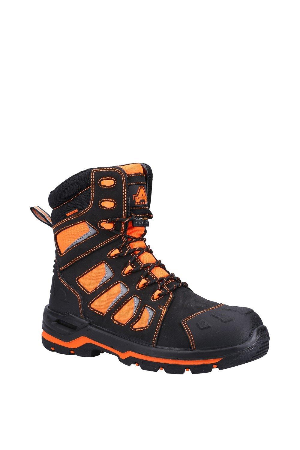Unisex safety boot in black and orange, featuring a durable upper, reinforced toe cap, padded collar, and rugged sole for enhanced traction and support.