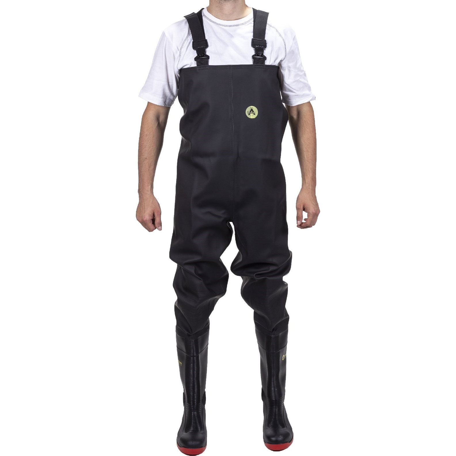 Black chest waders made from durable material, featuring adjustable shoulder straps, reinforced boots, and a logo on the chest, ideal for safety and water activities.