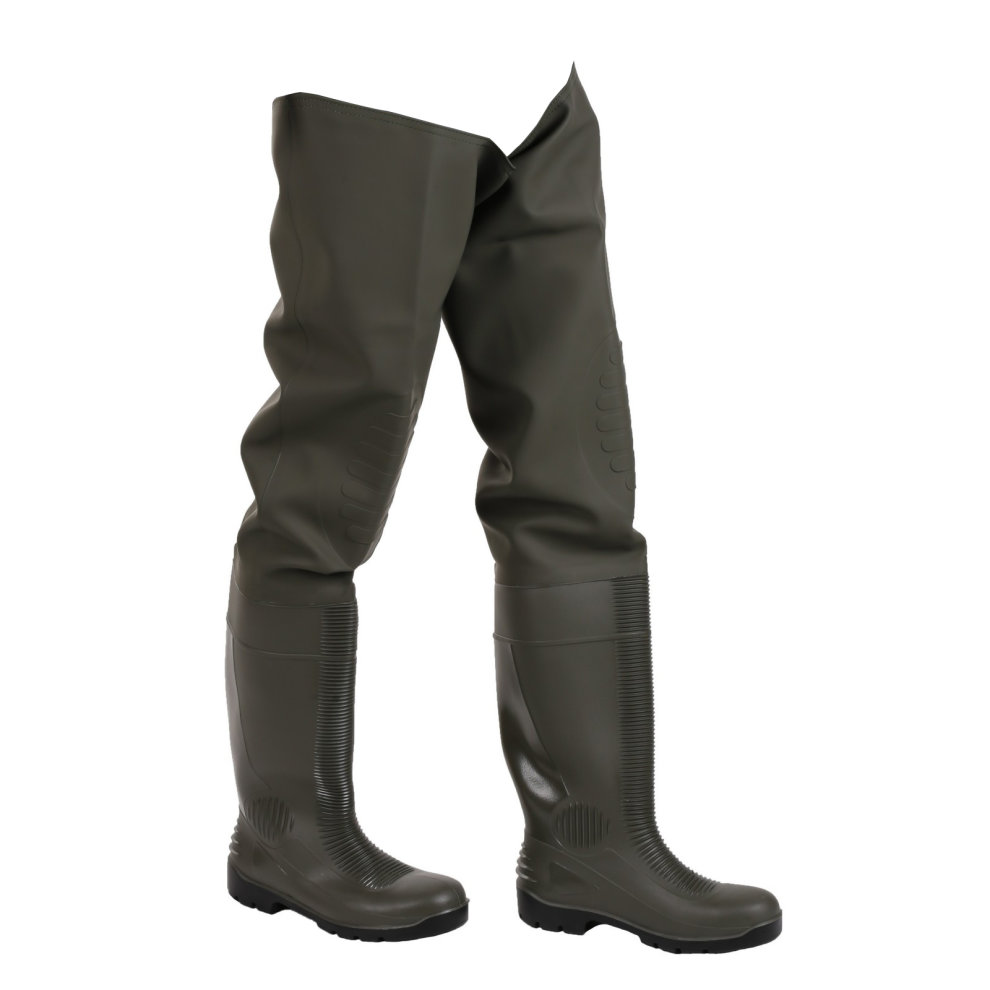 Green thigh safety waders made of durable material, featuring a textured sole for grip, designed for size 6, ideal for wet environments.
