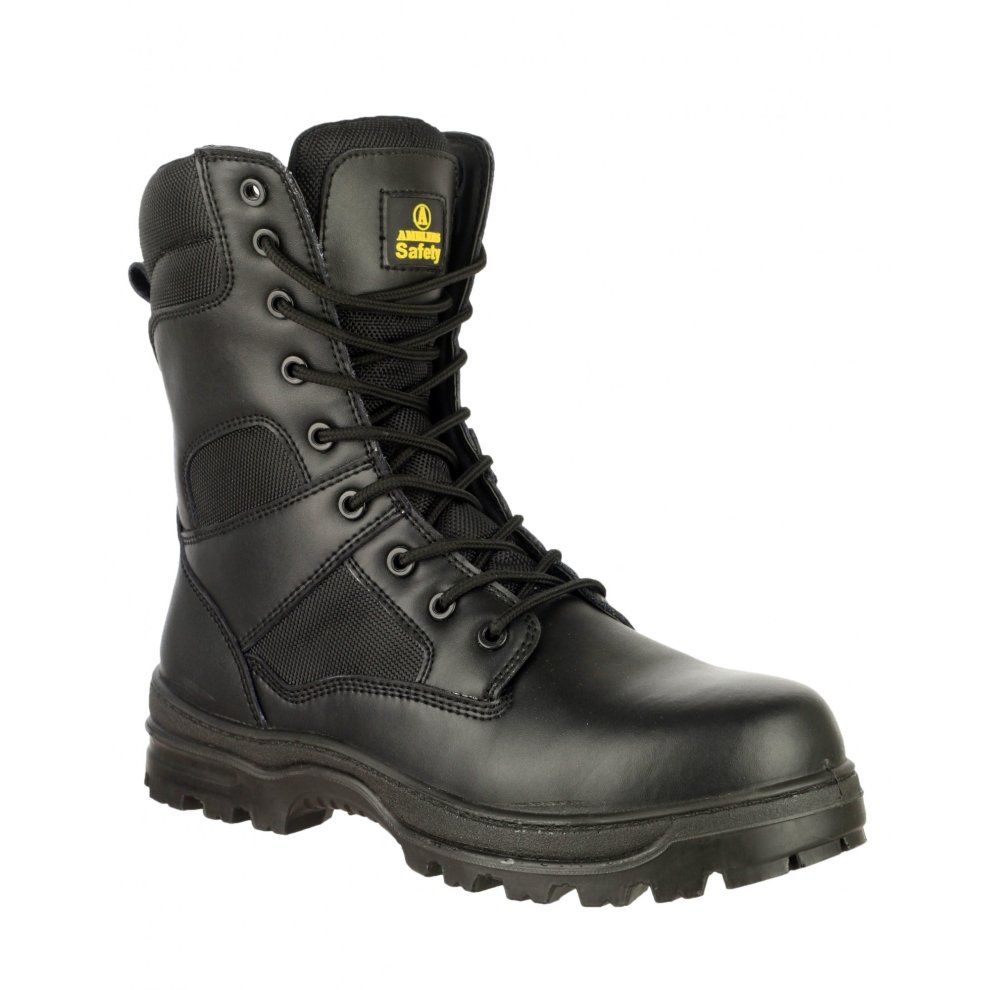 Black water-resistant safety boot with a sturdy rubber sole, padded collar, and reinforced toe, featuring metal eyelets and a lace-up design, available in UK size 12.