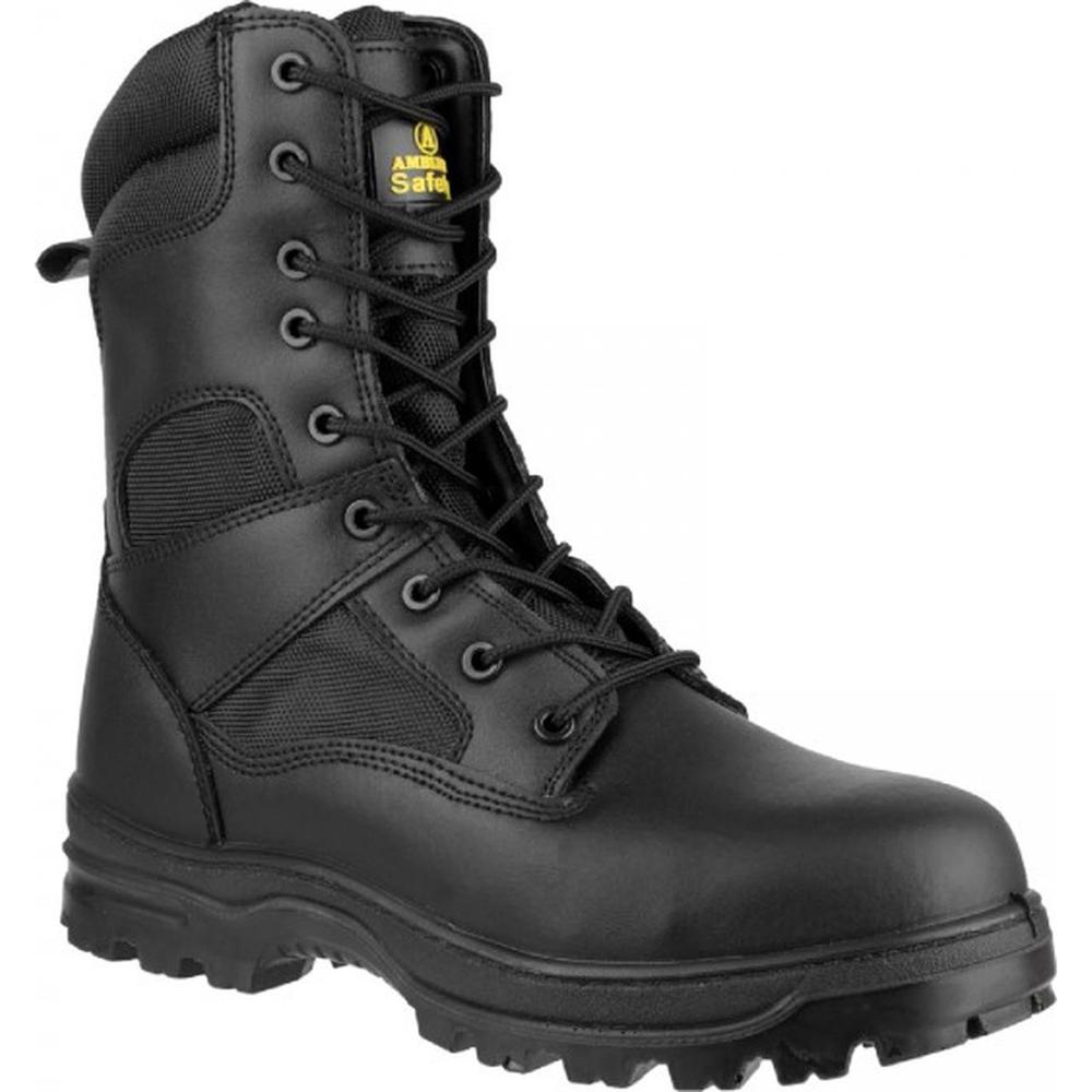 Black water-resistant men's boot featuring a sturdy design, lace-up front, padded collar, and textured rubber sole, available in UK size 4.
