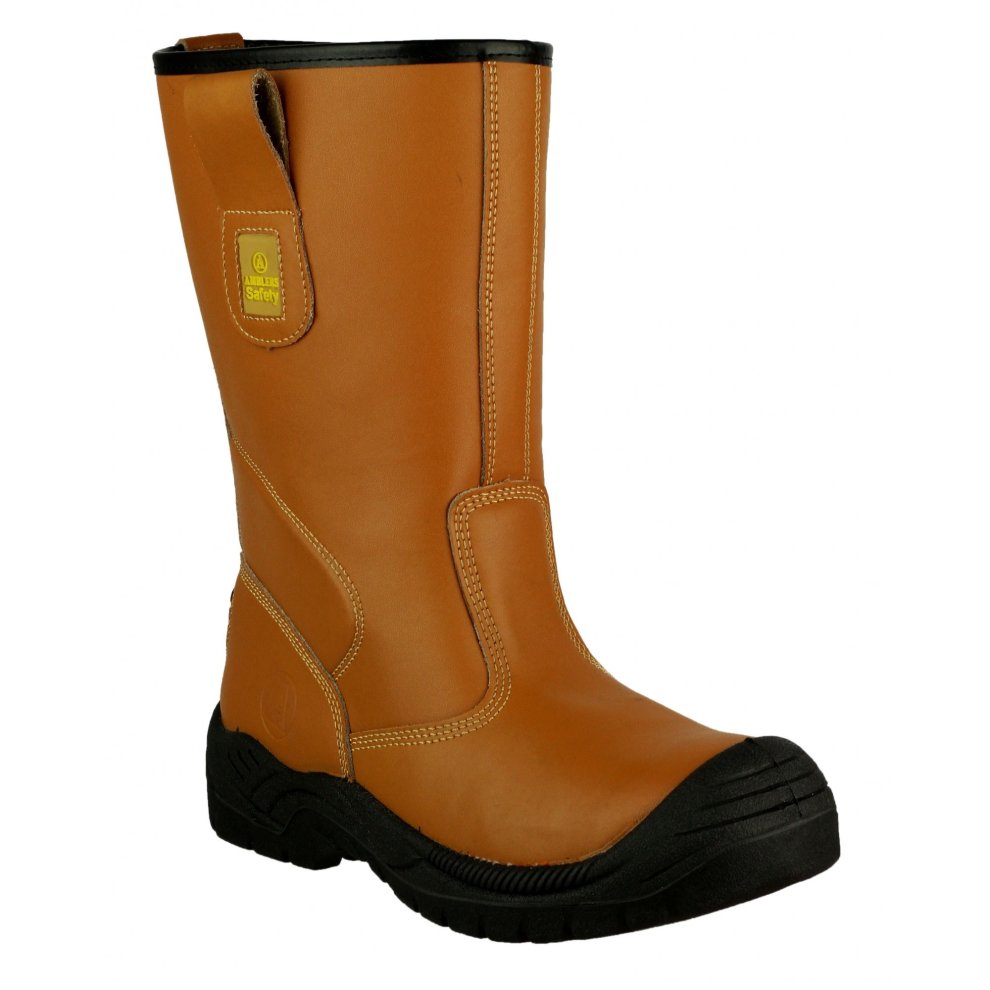 Brown water-resistant pull-on safety rigger boot featuring a durable rubber sole, reinforced stitching, and a cushioned interior for comfort.