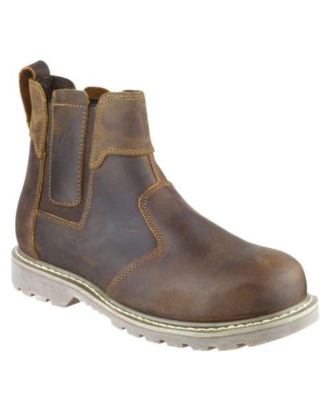 Brown pull-on safety dealer boot made of leather, featuring a reinforced toe, elastic side panels, and a rugged sole for slip resistance.