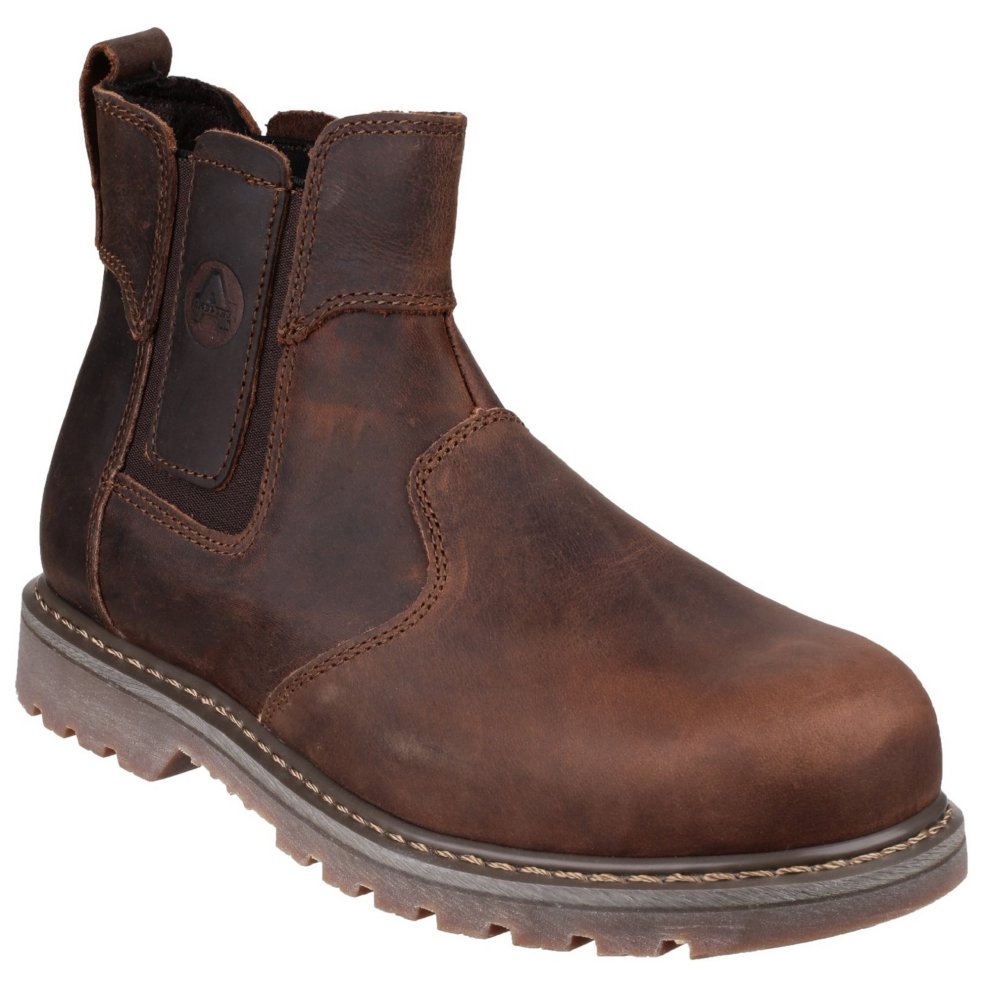 Brown leather pull-on dealer safety boots with elastic side panels, reinforced toe, and rugged sole, size 6.5, by Footsure Western Limited.