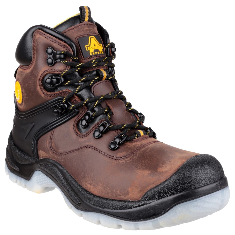 Brown leather safety boots with black accents, featuring yellow laces, a shock-absorbing sole, waterproof design, and reinforced toe for added protection.
