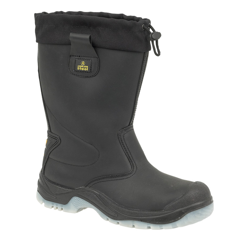 Black water-resistant pull-on safety rigger boots with a sturdy rubber sole, padded collar, and adjustable drawstring, designed for durability and comfort in size 13.