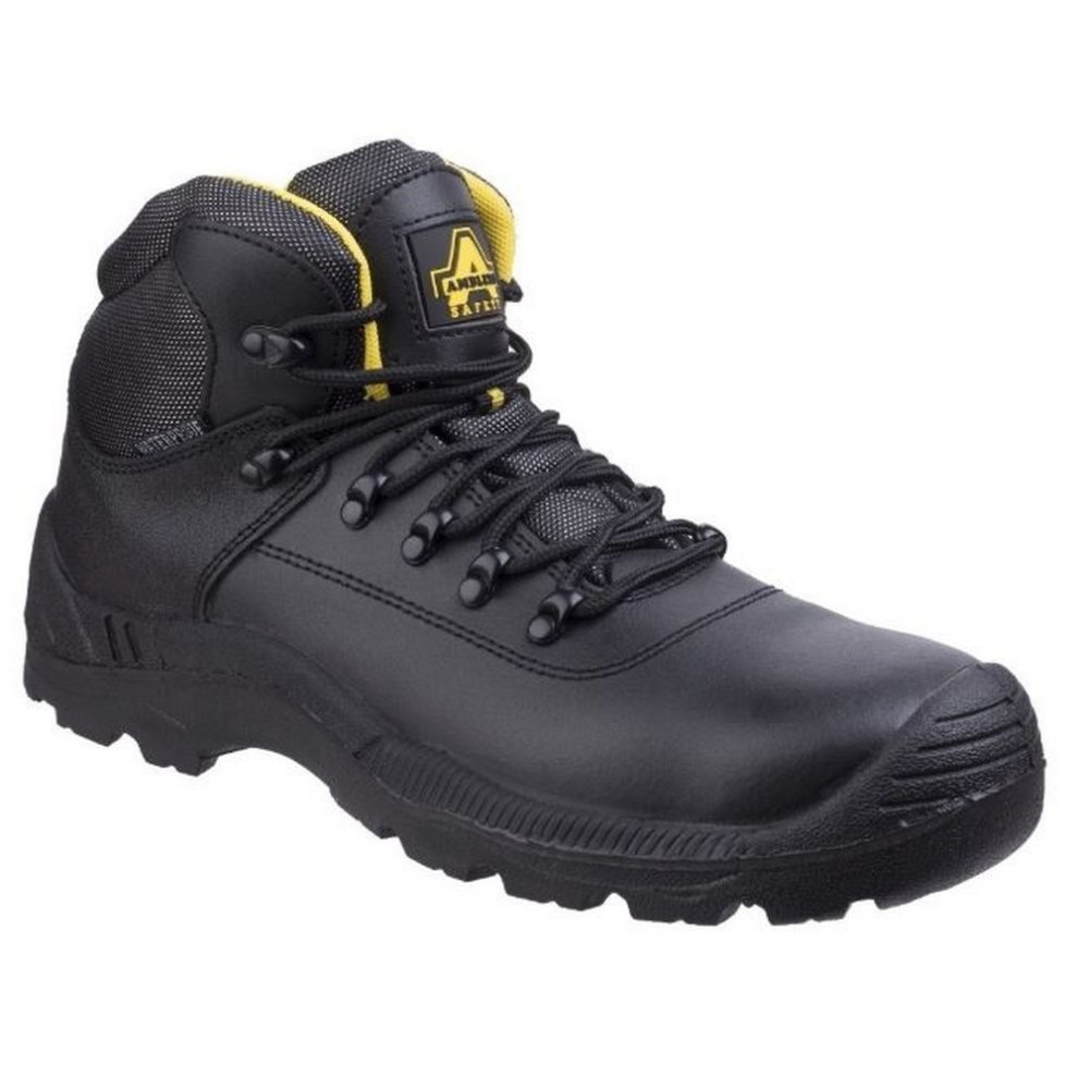 Black Amblers Safety FS220 safety boot featuring a durable leather upper, reinforced toe cap, padded collar, and yellow accents, designed for comfort and protection in work environments.