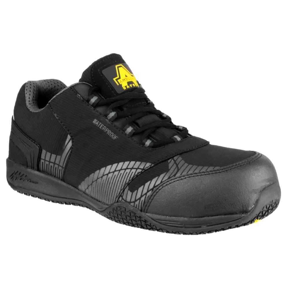 Black waterproof safety trainers featuring a metal-free design, non-leather material, and a durable rubber sole with textured detailing for enhanced grip.