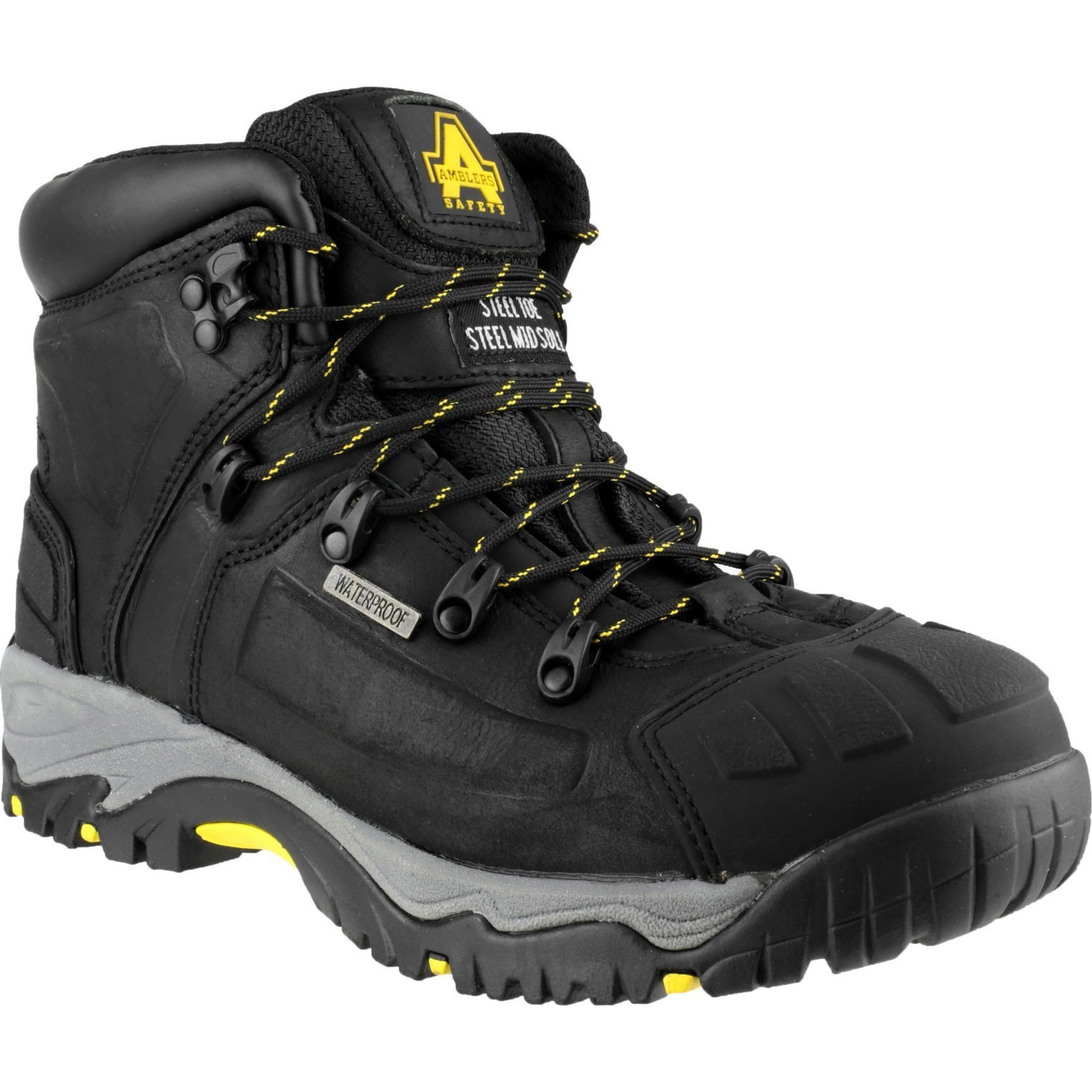 Black waterproof safety boots with steel toe, featuring yellow laces, padded collar, and rugged sole, size 6.5, designed for durability and protection.