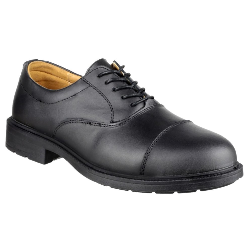 Black leather work safety shoe with a rounded toe, lace-up design, and a durable rubber sole, size 13, featuring a classic style suitable for various work environments.