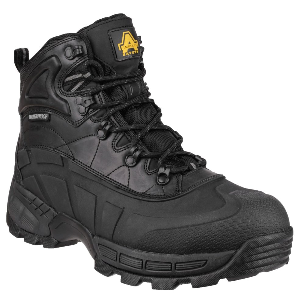 Black waterproof hybrid safety boot featuring a non-metal design, sturdy rubber sole, padded collar, and reinforced toe for enhanced protection and comfort.