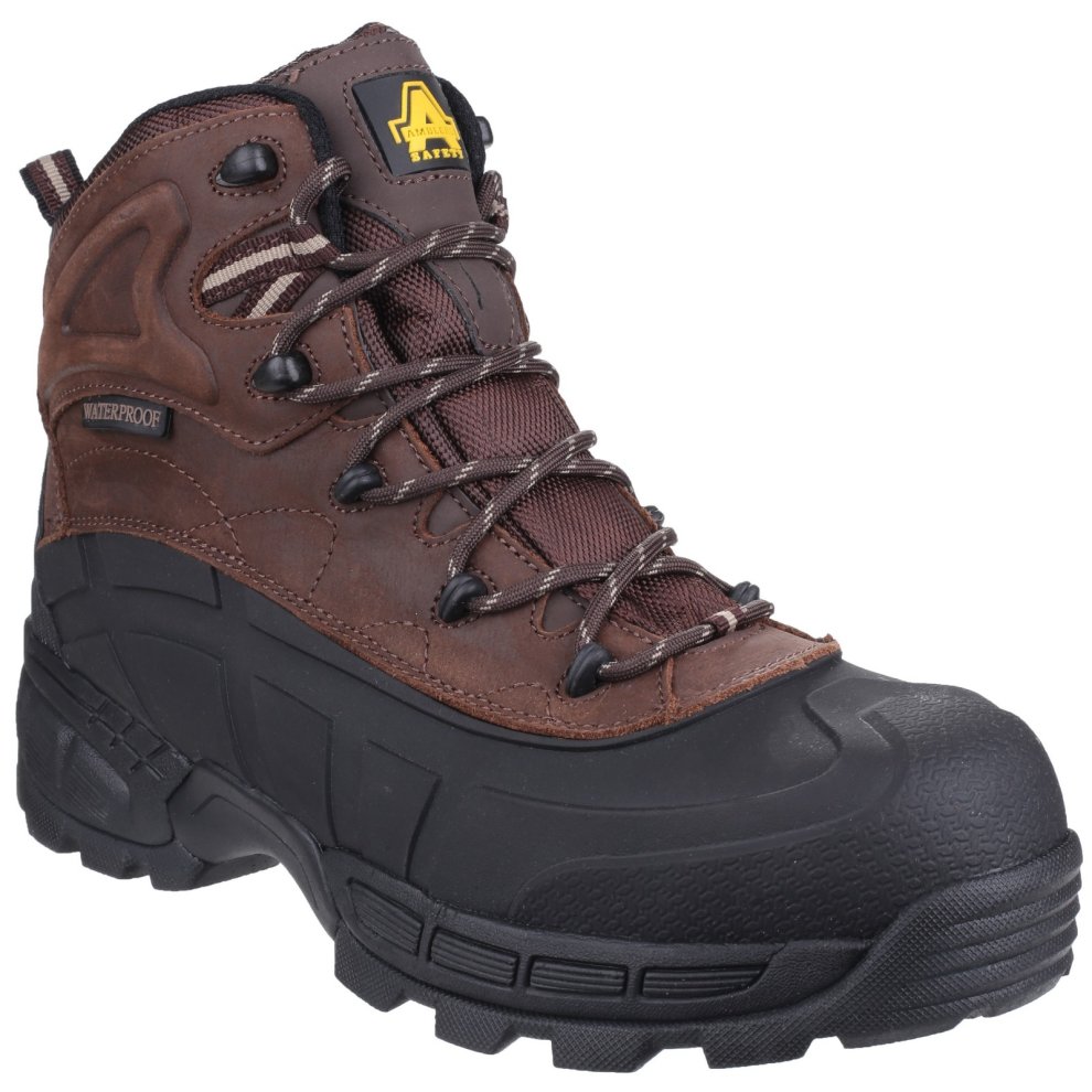 Brown hybrid waterproof safety boot featuring a non-metal design, sturdy rubber sole, reinforced toe, and lace-up front with metal eyelets for secure fit.