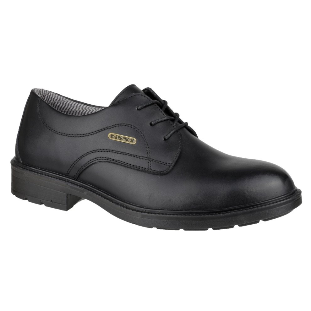 Black lace-up Gibson safety shoe made of waterproof material, featuring a smooth finish, sturdy sole, and a subtle logo on the side, available in size 6.