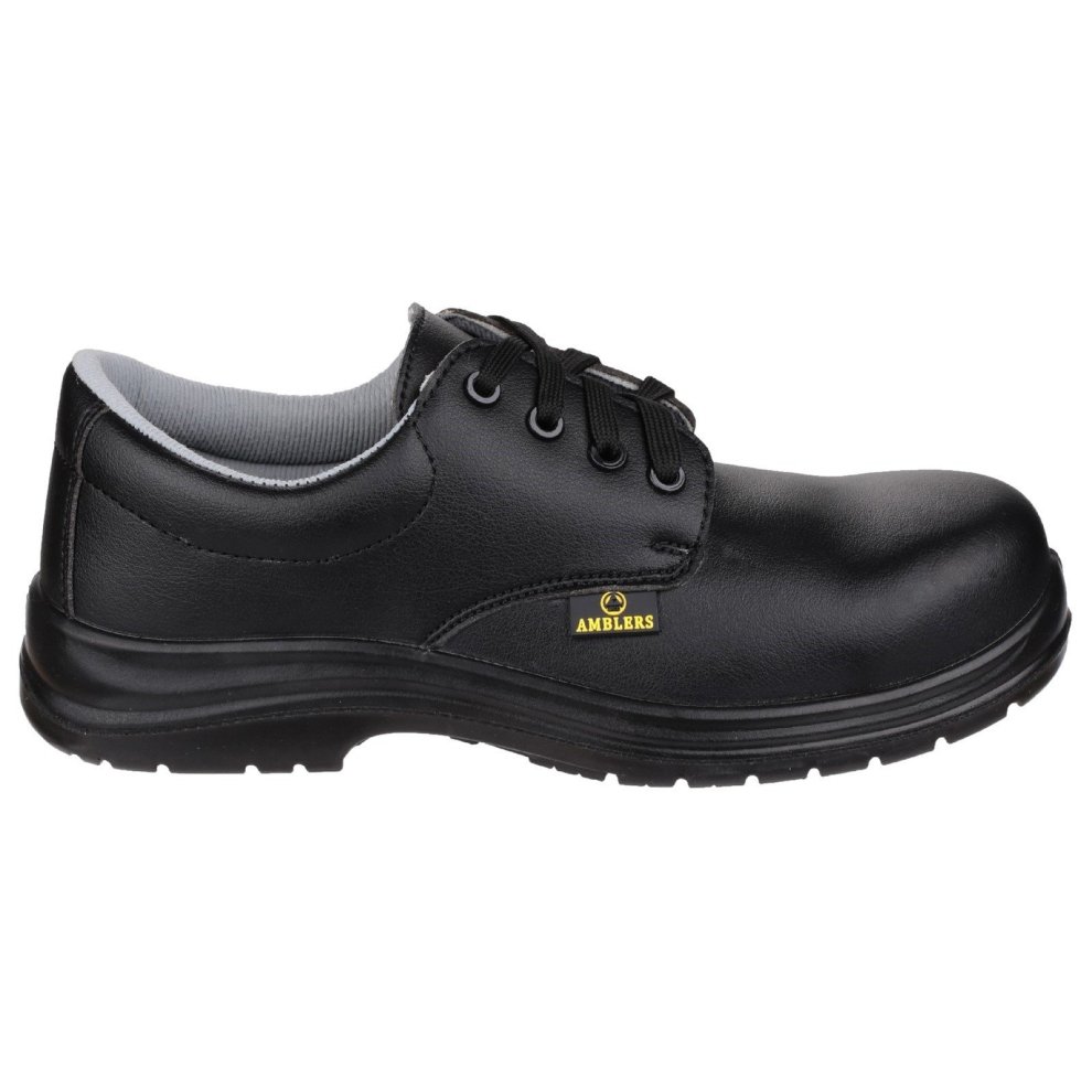 Unisex black composite safety shoes with a lace-up design, featuring a durable leather upper, padded collar, and a sturdy rubber sole, size UK 12, EU FS662.