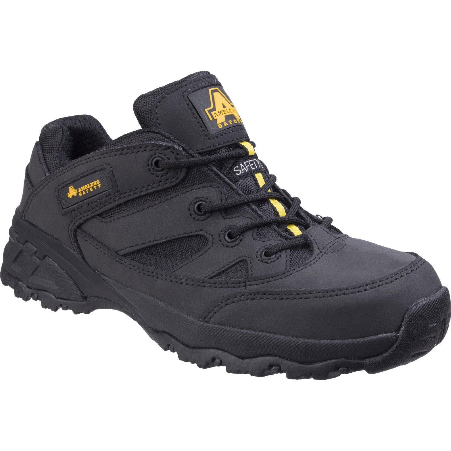 Black safety trainer with a composite metal-free design, featuring a durable upper, yellow accents, and a rugged sole for enhanced grip and protection.