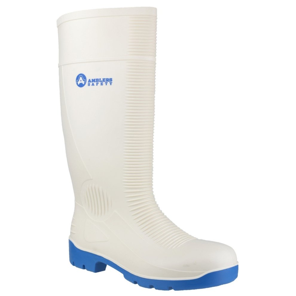 White steel toe Wellington boot with blue sole, made from durable material, featuring ribbed design and Amblers Safety logo, size 4, ideal for food safety environments.