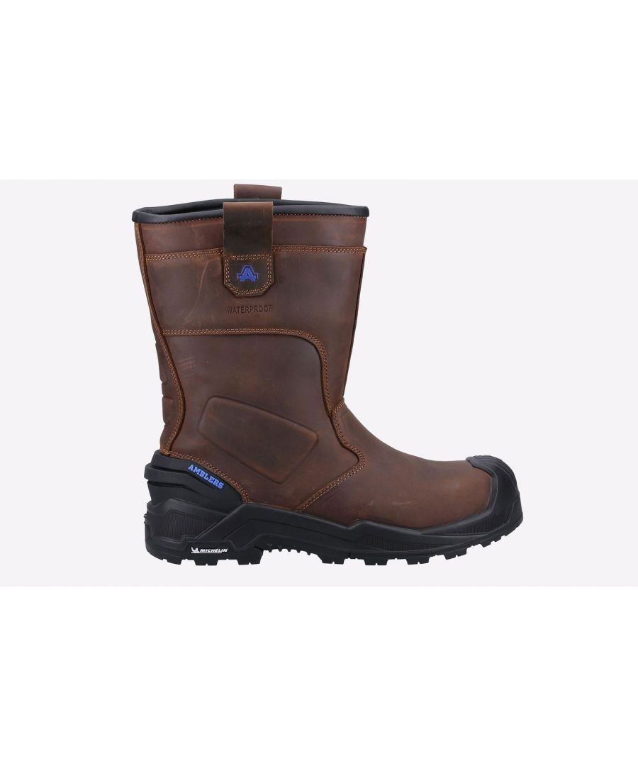 Brown leather rigger boot featuring a sturdy rubber sole, reinforced toe, pull tab, and waterproof design, ideal for safety and durability in rugged conditions.